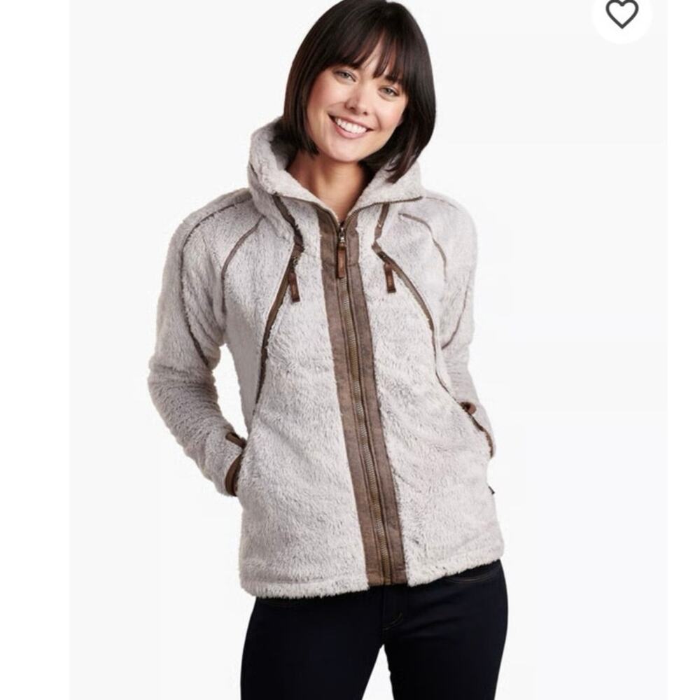 KÜHL Flight Jacket Women’s M Stone Italian Fleece Stowaway Hood Outdoor Active
